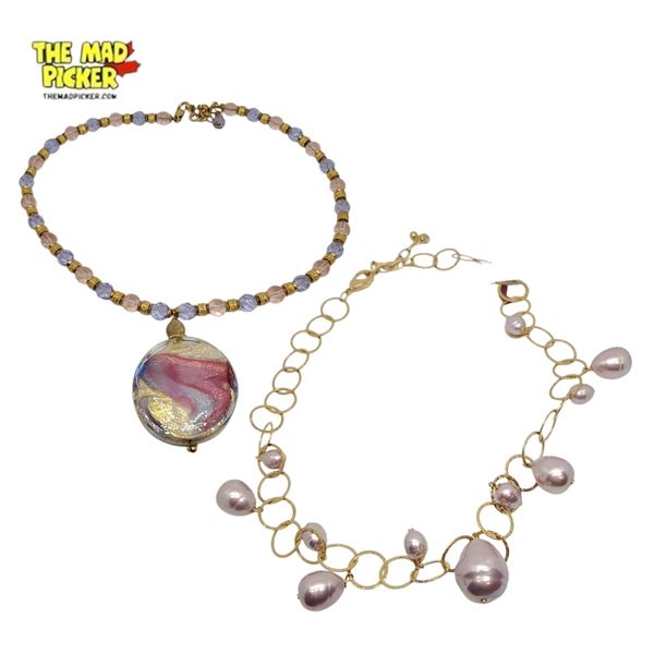 Madreperla Pink Cultured Pearl Necklace & Crystal Necklace with Murano Glass Pendant - 18" Necklaces