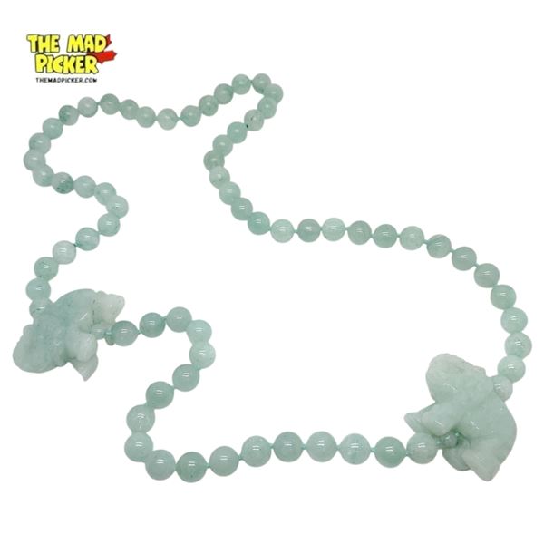 30" Light Green Jade Bead Necklace with 2 Carved Elephants - 10 mm beads