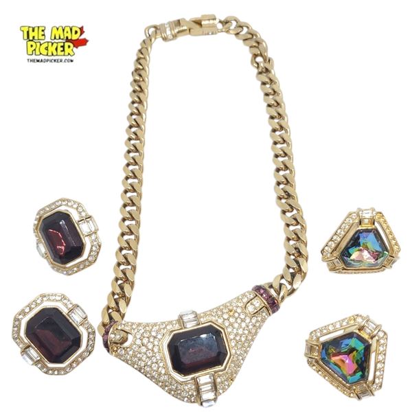 Vintage Oscar de la Renta 16" Necklace & 2 Pairs of Pierced Earrings - Necklace center is 31 mm x 57