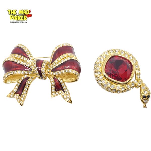 Vintage Joan Rivers Coiled Serpent & Enameled Bow Brooch - Bow is 2" x 3"