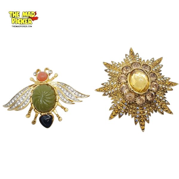 Vintage Joan Rivers Crystal Starburst & Bee Brooch - Starburst 2.75" diameter