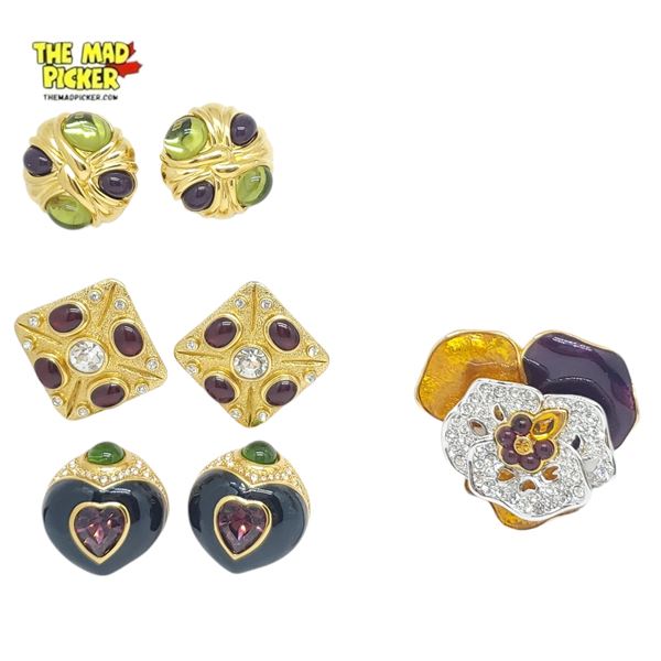 Group of 4 Joan Rivers Jewelry  -Enamel & Crystal Flower Brooch & 3 Pairs of Clip-On Earrings (Brooc