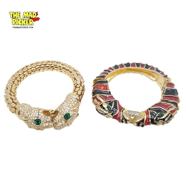 Vintage Crystal & Enamel Double Headed Jaguar & Double Horse Head Hinged Cuff Bracelet