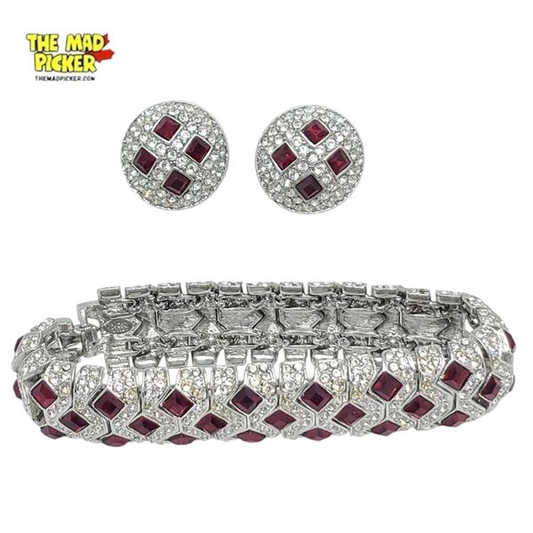 Joan Rivers Garnet & Clear Crystal Bracelet with Matching Clip-On Earrings - Bracelet is .75" wide