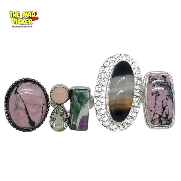 4 Sterling Silver Gemstone Rings - Banded Agate, Rhodonite and Multi-Gemstone - All Stamped .925 - T