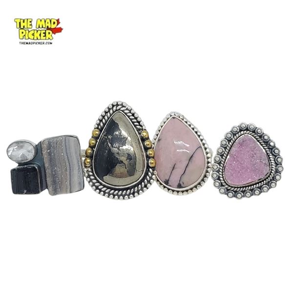 4 Sterling Silver Gemstone Rings - Polished Pyrite, Pink Druzy, Rhodonite and Multi-Gemstone - All S