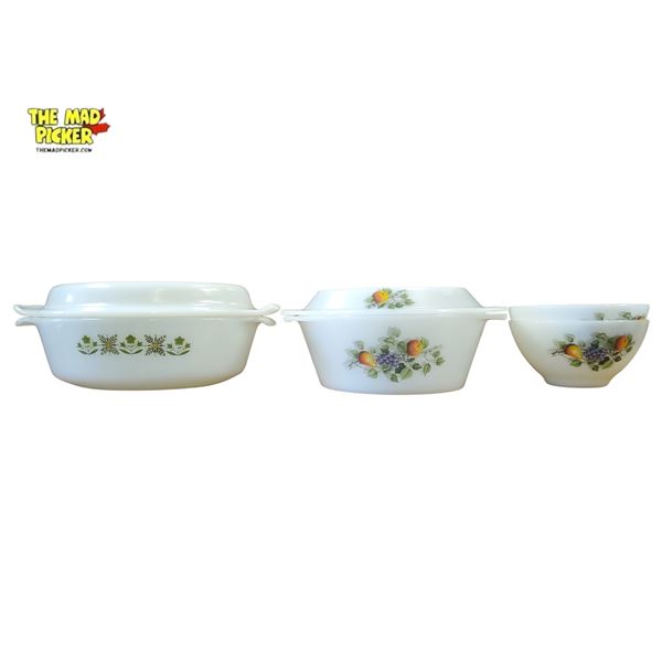 Vintage Arcopal Fruits De France Milk Glass Dishes 1970s-80s Made in France & Pyrex USA Dishes