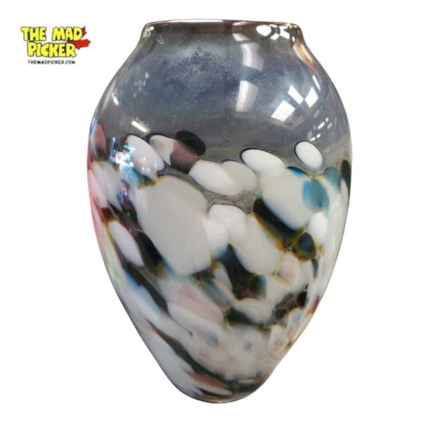 9.5in Tall Mid-Century Modern Hand-Blown Multicolor Swirl Art Glass Vase