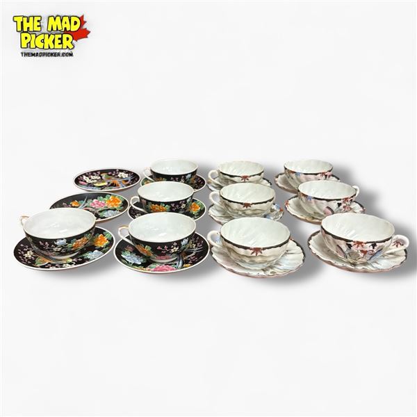 22pc Imari Style Porcelain Teacup and Saucer Collection Cobalt Blue Red Gold