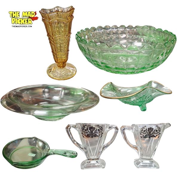 Vintage Assorted Glassware Set Depression, Vaseline, Fluorescent Green Glass