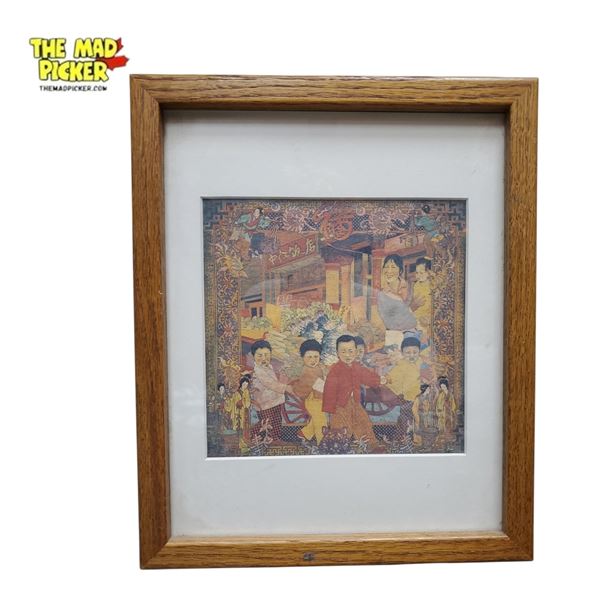 Framed Asian Folk Art Village Scene 9in X 11in Light-Wood Frame