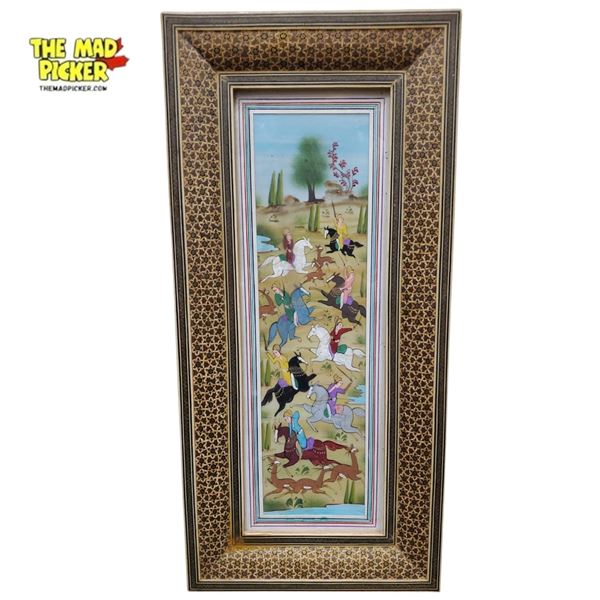 Vintage Persian Miniature Hunting and War Scene Khatam Frame 8.5 X 18.5in Iran