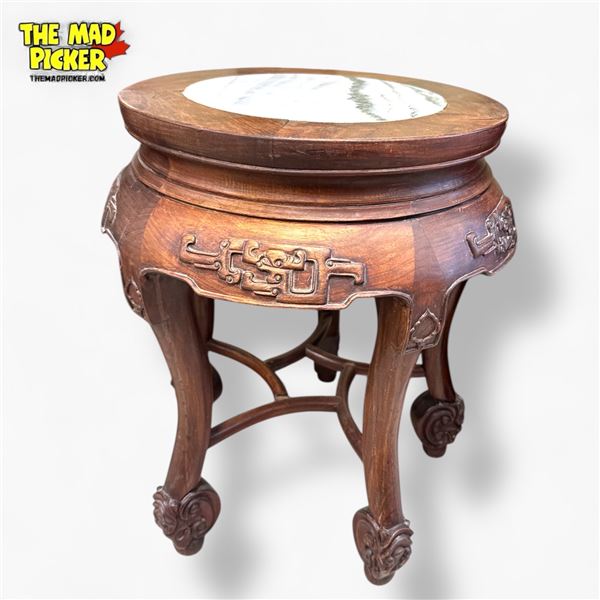 Chinese Hand-Carved Solid Rosewood Plant Stand with Marble Top 20in Tall 17in Wide