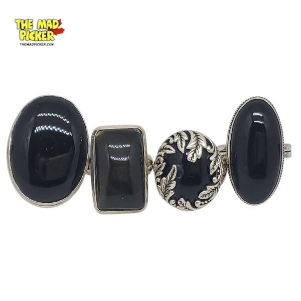 4 New Sterling Silver & Black Onyx Rings (All Stamped .925) Total weight: 34.1 grams