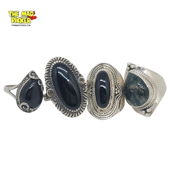 4 New Sterling Silver & Black Onyx Rings (All Stamped .925) Total weight: 36.9 grams