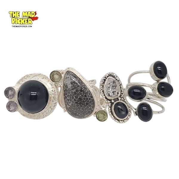 4 New Sterling Silver & Onyx & Gemstone Rings - Stingray Fossil with Peridot Crystal. Black Onyx & O