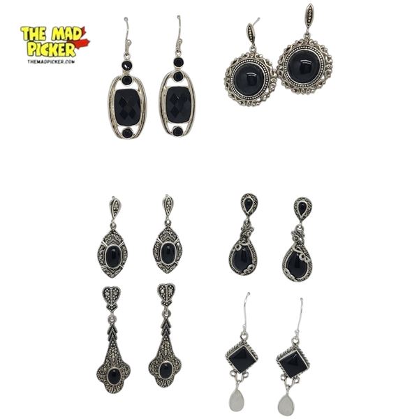 6 New Pairs of Sterling Silver Onyx Earrings for Pierced Ears - Some with Marquisates and 1 Pair wit
