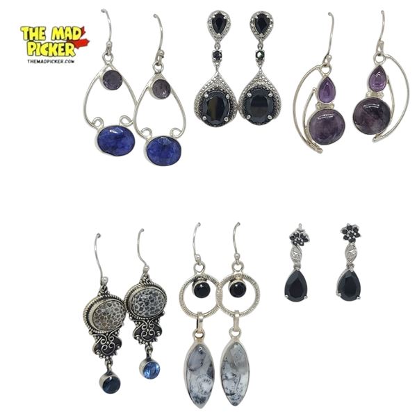 6 New Pairs of Sterling Silver Gemstone Earrings for Pierced Ears (all stamped .925) Total weight:43