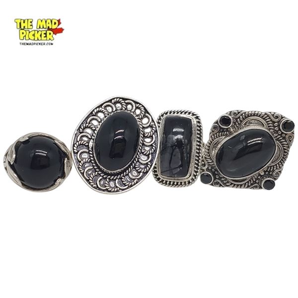 4 New Sterling Silver & Black Onyx & Agate Rings (All Stamped .925) Total weight: 46.7 grams