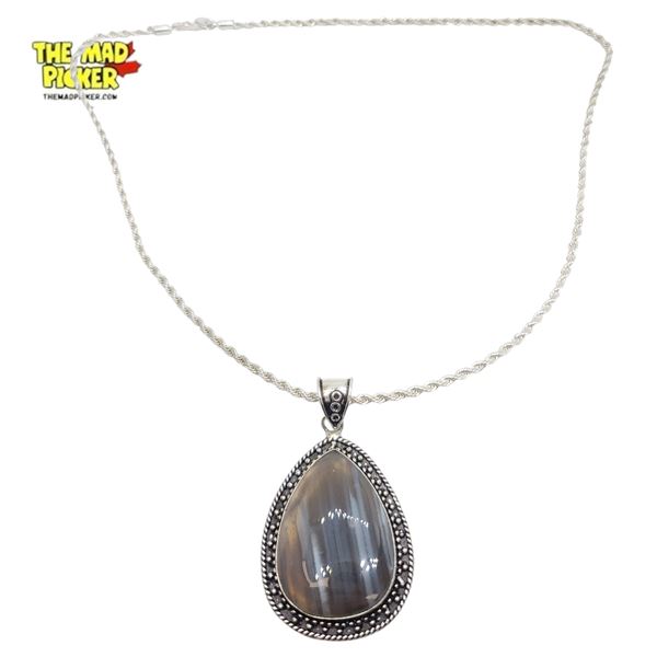 New .925 Sterling Silver Botswana Banded Agate Pendant Necklace (41 x 52mm teardrop pendant on a 24"