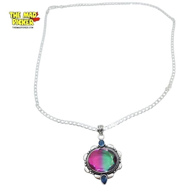New Silver Plated Watermelon Tourmaline Pendant Necklace (39 x 36 mm pendant on 22" silver plated ch