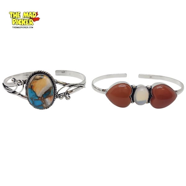 2 New .925 Silver Gemstone Cuff Bracelets ( 1 Spiny Oyster Copper Turquoise and 1 Carnelian & Moonst