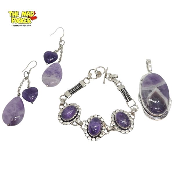 New Sterling Silver Polished Natural Amethyst Pendant, Toggle Bracelet & 2" Drop Earrings (pendant i