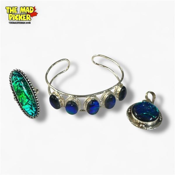 Silver Triplet Opal Pendant, Earrings & Cuff Bracelet - Stamped .925 - Total weight: 46.9 grams