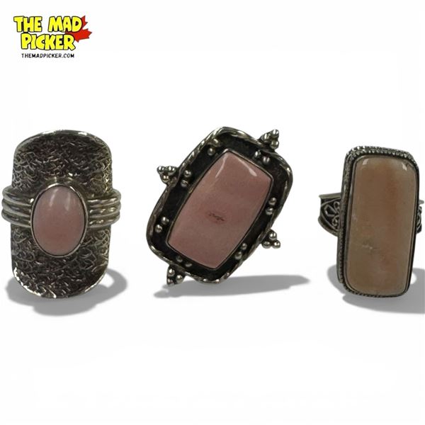 3 Silver Pink Andean Opal Rings  - Sizes 8, 10 and 11- Total weight: 35.5grams