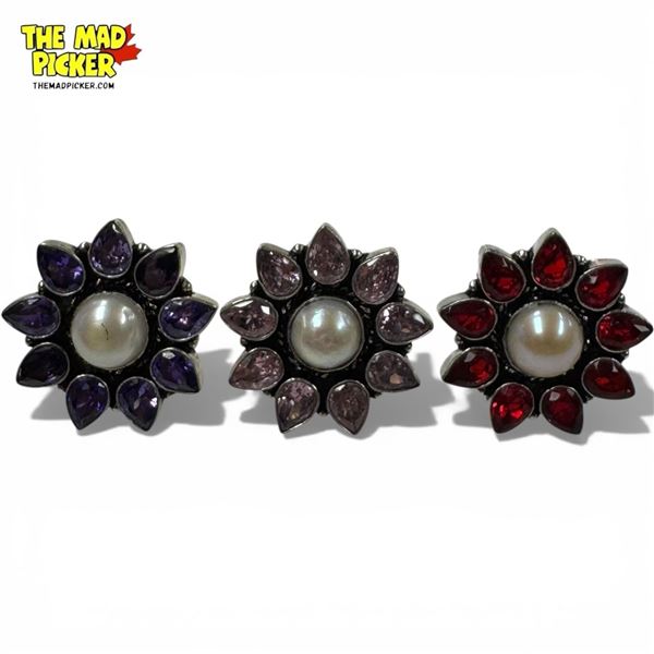 3 Pearl & Gemstone Flower Rings Set in Silver - Stamped .925 - Sizes 8 and 9 - 1" diameter (Amethyst