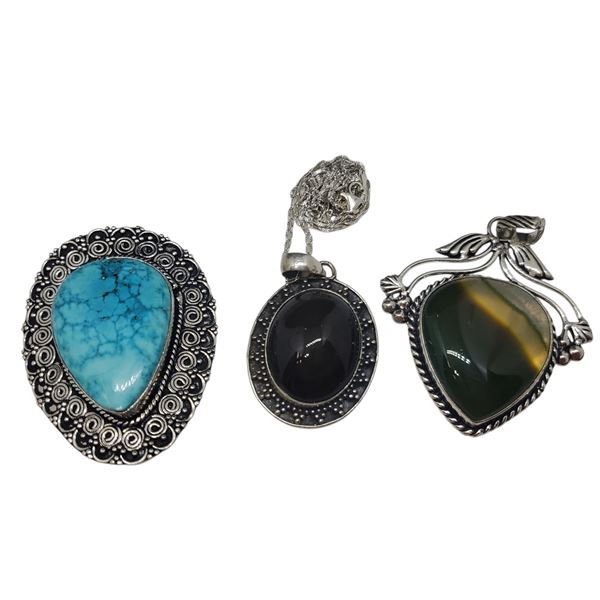 3 New  Gemstone Pendants in Silver Settings and 1 Silver Chain (all stamped .925) - Total Weight: 56