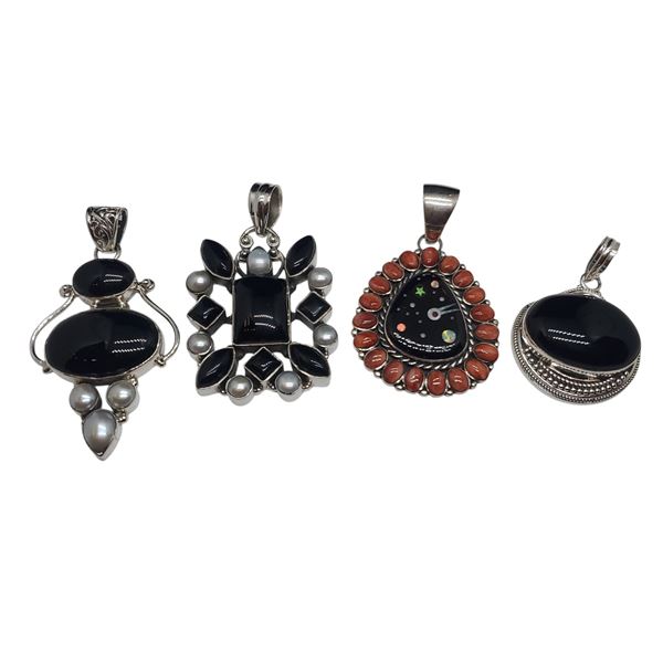 4 New Onyx & Gemstone Pendants in Silver Settings (all stamped .925) - Total Weight: 59 grams