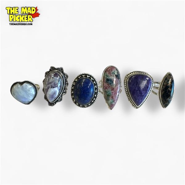 6 New Polished Natural Stone Rings in Silver Settings - Charoite, Black Jack Turquoise, Lapis and mo