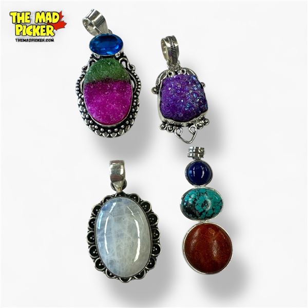 4 New Large Gemstone Pendants in Silver Settings (all stamped .925) - Total Weight: 46 grams
