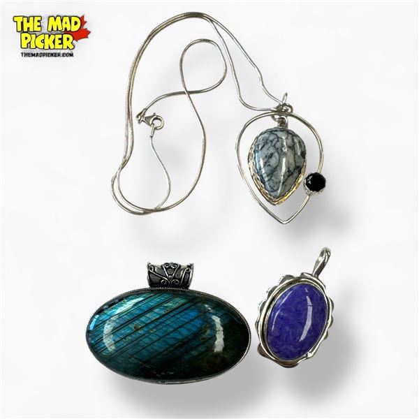 3 New Large Gemstone Pendants in Silver Settings and a  23" Sterling Chain (All Stamped .925)