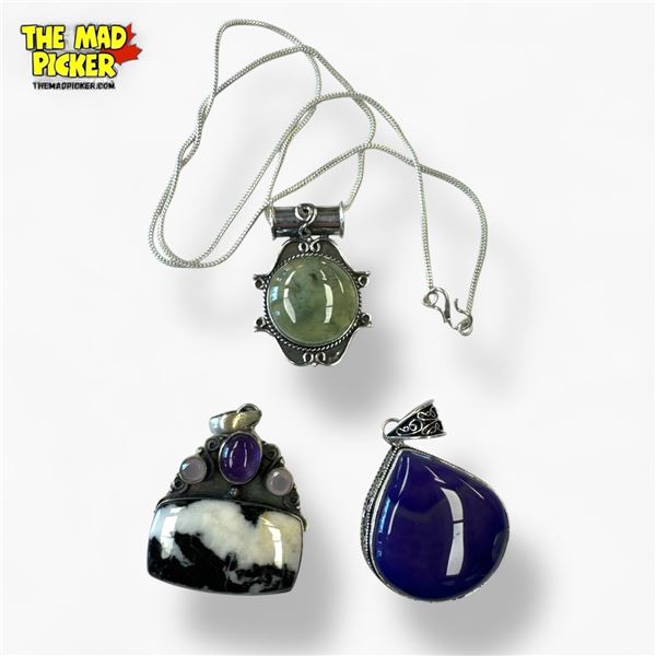 3 New Large Gemstone Pendants In Silver Settings and 1 Chain (all stamped .925) - Total Weight: 65.2