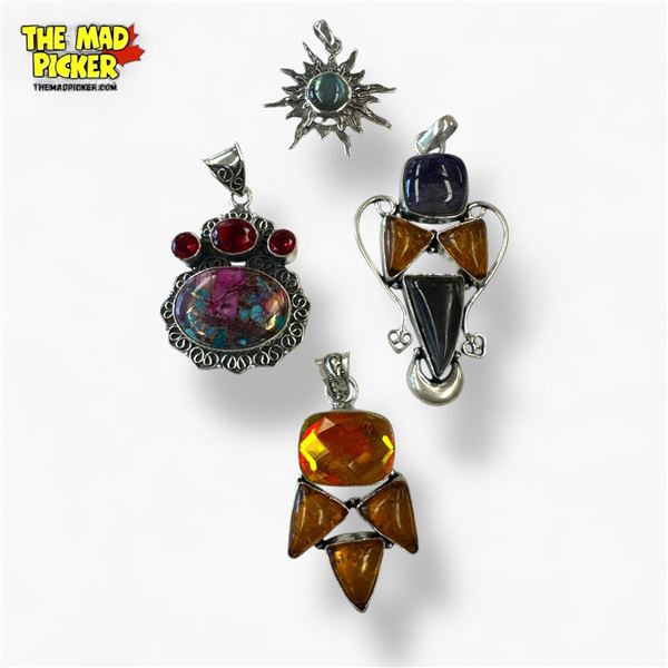 4 New Large Gemstone Pendants in Silver Settings (all stamped .925) - Total Weight: 44.8 grams