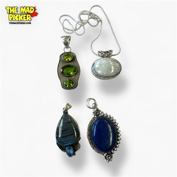 4 New Large Gemstone Pendants in Silver Settings and 1 Chain  (all stamped .925) - Total Weight: 63.