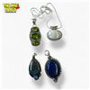 Image 1 : 4 New Large Gemstone Pendants in Silver Settings and 1 Chain  (all stamped .925) - Total Weight: 63.