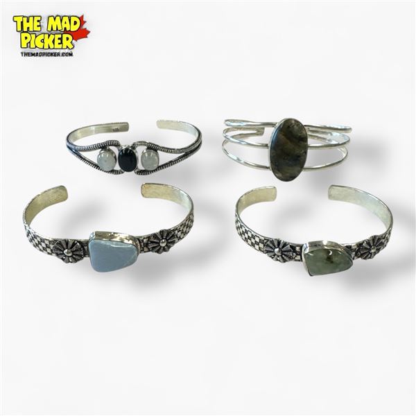 4 New Polished Gemstone Cuff Bracelets in Silver Settings (all stamped .925) - Total weight: 79.1 gr