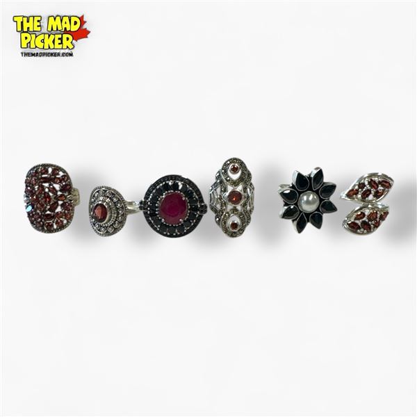 6 New Faceted Garnet Crystal Rings in Silver Settings (all stamped .925) - Total weight: 48.3 grams