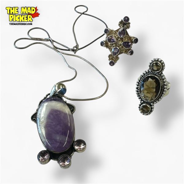 Chevron & Faceted Amethyst Necklace & 2  Faceted Amethyst Ring in Silver Settings - 28 x 53 mm penda