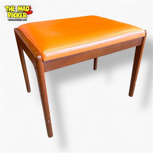 Mid-Century Modern Danish Teak Ottoman Orange Vinyl 1950s-1960s 20.5x15x16 Inches