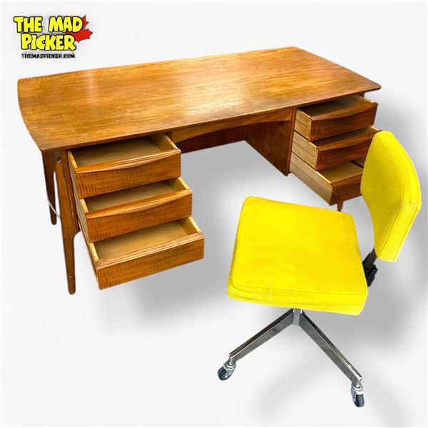 Mid-Century Modern Danish Teak Executive Desk with Yellow Chair 57in X 27.5in X 28in