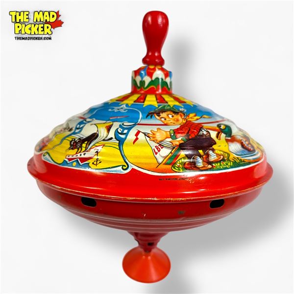 Vintage Mid-20th Century Tin Spinning Top Made in Western Germany with Wooden Handle