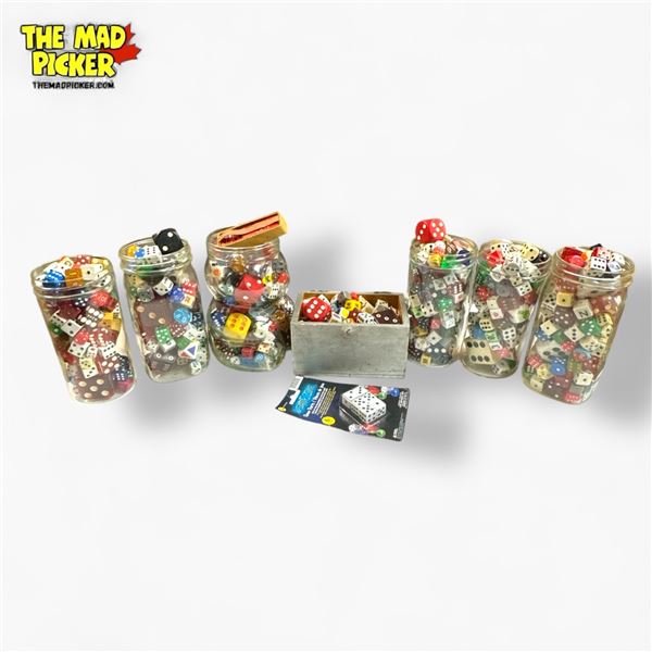 Assorted Vintage Dice and Marbles Collection in Mixed Jars and Containers