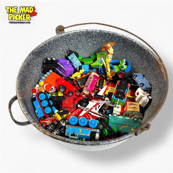 Vintage Assorted Toy Cars Lot Hot Wheels Matchbox with Galvanized Metal Bucket