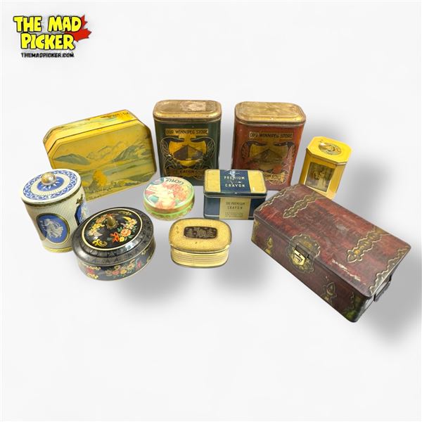 Collection of Vintage Decorative Lithographed Storage Tins Various Shapes and Designs