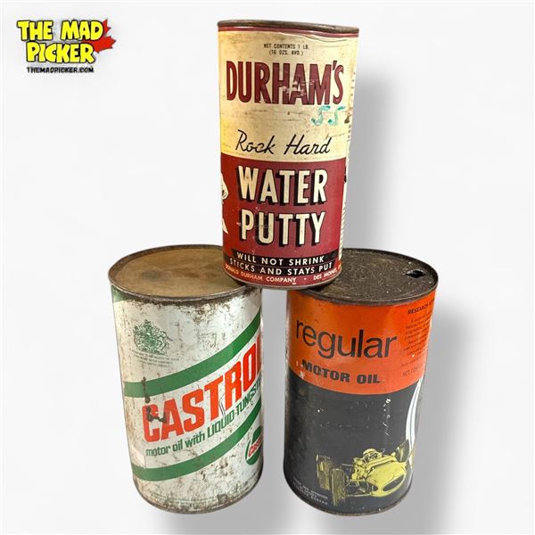 Vintage Durham's Rock Hard Water Putty, Eatons & Castrol Oil Tins Advertising Graphics