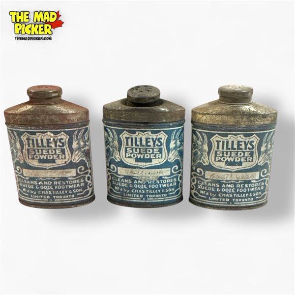 3pc Vintage Tilley's Suede Powder Tins - Chas Tilley & Son Toronto Canada